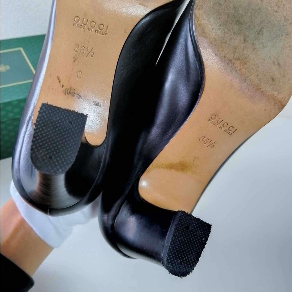 Gucci Black Leather Heeled Loafers with Gold Horsebit Hardware - Picture 6 of 12
